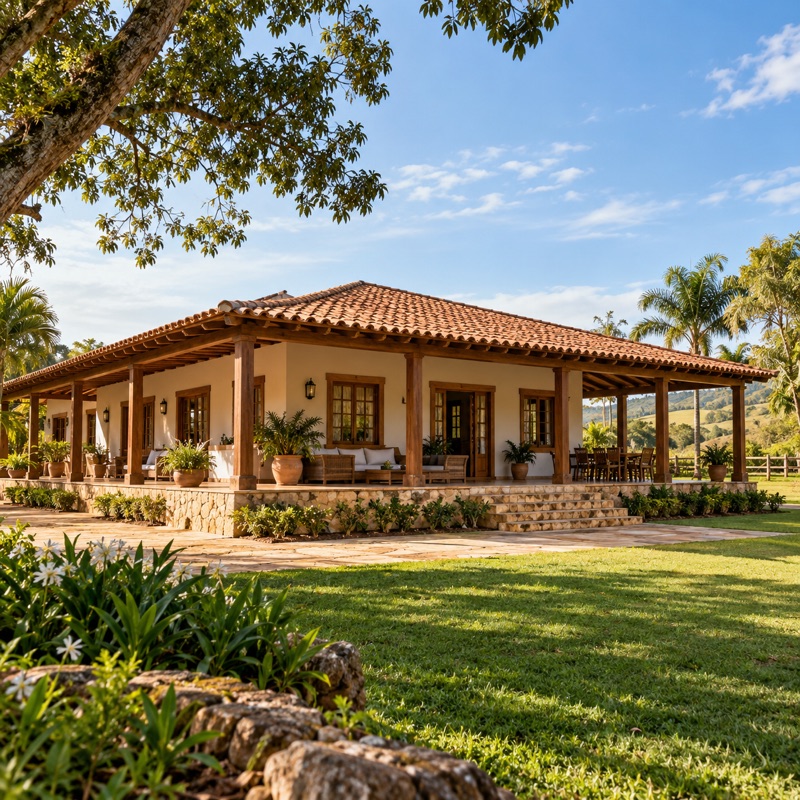 casa de fazenda térrea com varandão em volta e telha colonial, em 3D